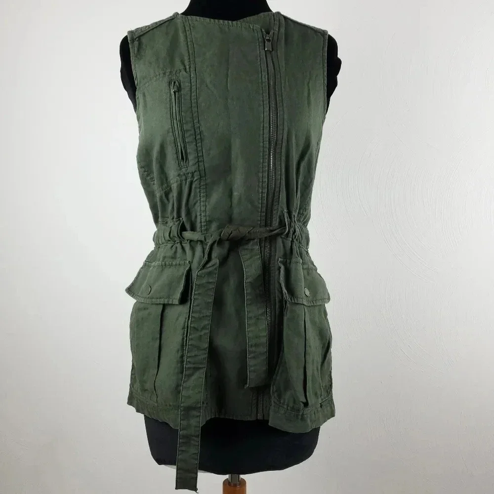 Athleta Wanderabout 100% linen olive green utility tunic vest xs zip-up top xs